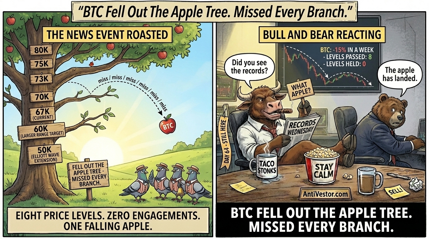 Two-panel meme. An apple tree with seven branches each labelled with a descending price level (80K, 75K, 73K, 70K, 67K CURRENT, 60K, 50K). A BTC apple falls past every branch missing all of them. Pigeon quartet watches with an unrung ceremonial bell. Bull reads RECORDS WEDNESDAY newspaper. Bear says "the apple has landed."