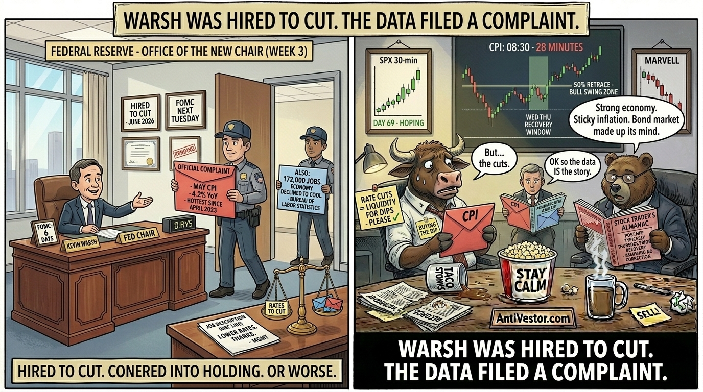 Two-panel meme. The Federal Reserve office where Kevin Warsh in his third week as Chair smiles expectantly at a single- line job description reading LOWER RATES THANKS while a Bureau of Labor Statistics courier hands him an OFFICIAL COMPLAINT envelope for May CPI at 4.2 percent the hottest since April 2023 and a second courier waits with the 172000 JOBS envelope. The brass desk scale shows RATES TO CUT light and DATA TO HONOUR weighed down. Bull worried at his desk holding the CPI envelope asking but the cuts. Bear engaged holding both envelopes saying strong economy sticky inflation bond market made up its mind. The fundamental analyst between them with calculator out saying OK so the data IS the story.