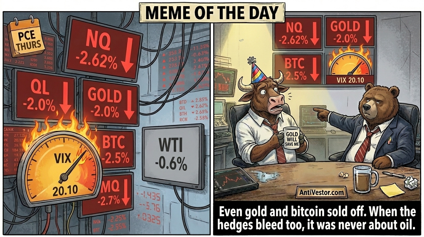 A wall of red stock, gold and bitcoin tickers beside a flat oil screen, as cartoon Bull stares at his falling gold mug and Bear points at the rising VIX.