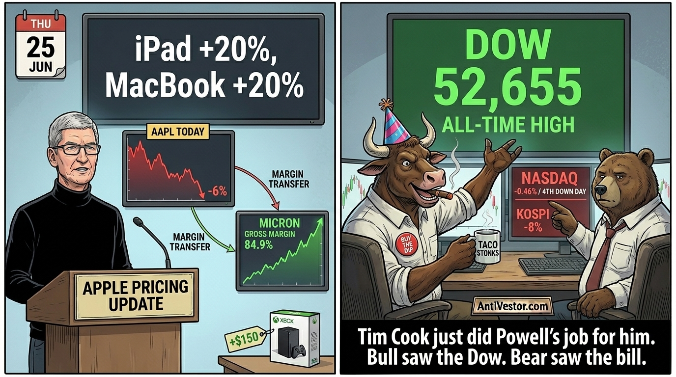 A two-panel comic with an Apple price-hike scene on the left, and Bull celebrating a Dow record while Bear points at a Nasdaq losing streak on the right.