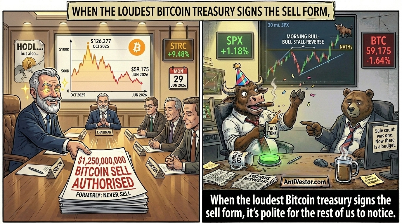 Two-panel comic; left panel a chairman authorising 1.25 billion Bitcoin sales, right panel Bull celebrating an equity rally while Bear points at the Bitcoin slide.