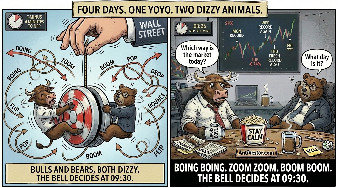 Two-panel meme. An oversized yoyo with the Bull and Bear
clinging on at opposite ends, both motion-blurred with X-eyes, while
a giant WALL STREET hand shakes the string. The yoyo path shown as
tangled BOING ZOOM BOOM arrows. Bull and Bear at their desks both
visibly dizzy with X-eyes and motion blur, a countdown clock to NFP
on the wall, popcorn scattered.