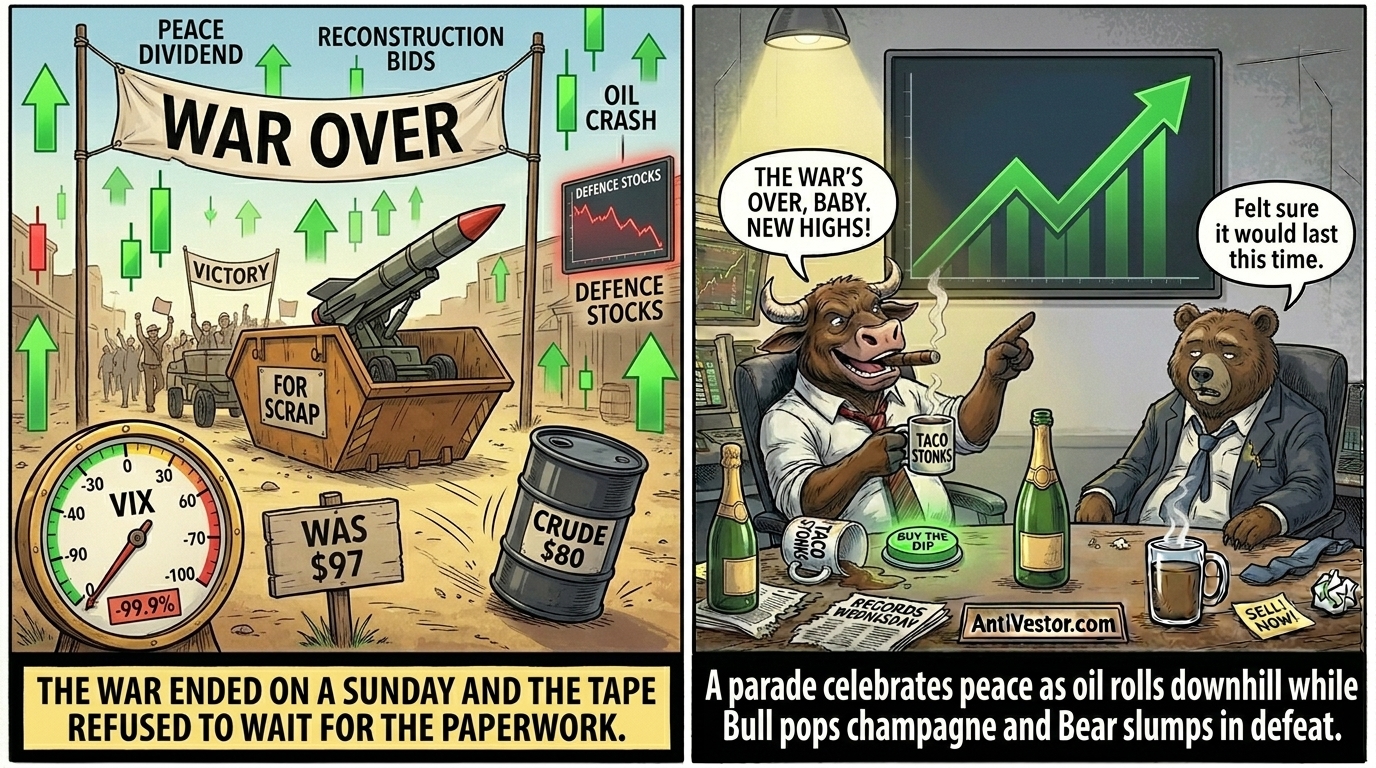 A parade celebrates peace as oil rolls downhill while Bull pops champagne and Bear slumps in defeat.