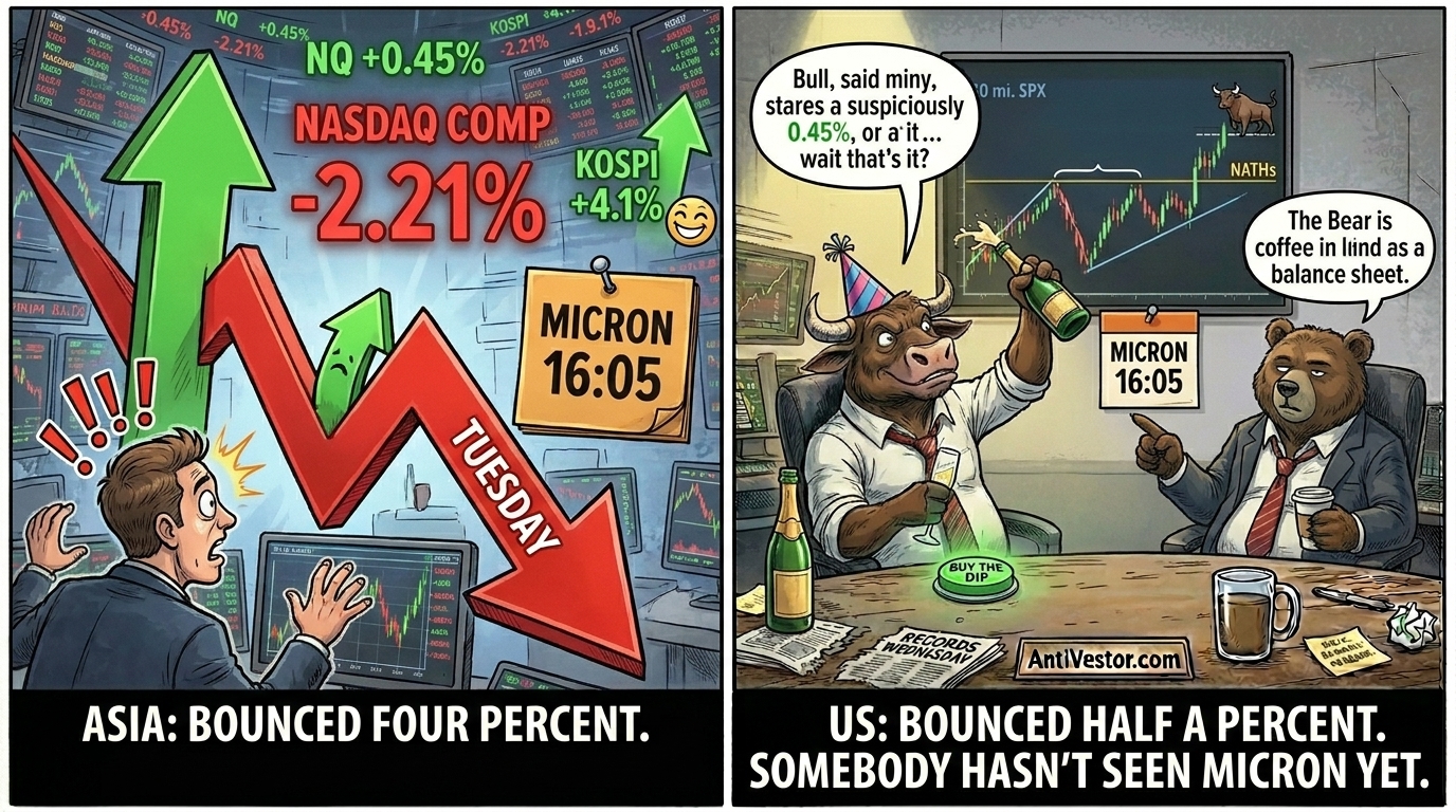A two-panel comic shows a tiny green bounce dwarfed by Tuesday's red drop, with Bull mid-confused-celebration and Bear pointing at the Micron earnings calendar tag.