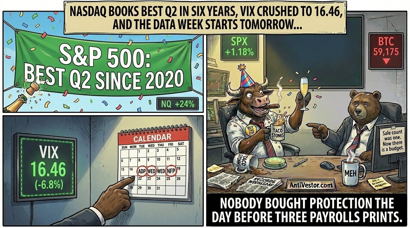 Two-panel comic. Left: a Nasdaq-best-Q2 newsroom celebration with a low VIX and a payrolls calendar in the corner. Right: Bull throws confetti while Bear points at the calendar.