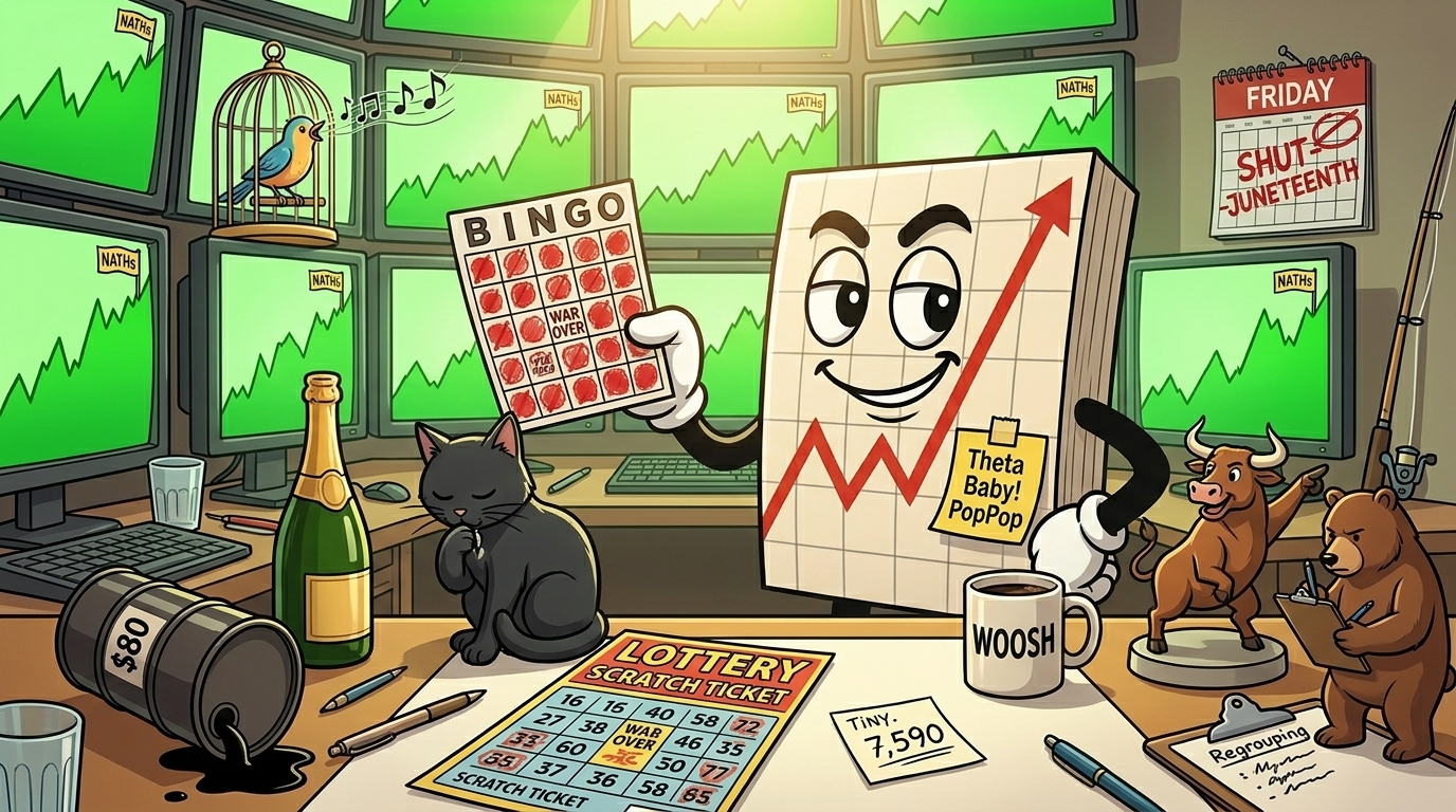 Mr SPX holds a full bingo card by green index screens, a lottery ticket and a tipping $80 oil barrel on his desk.
