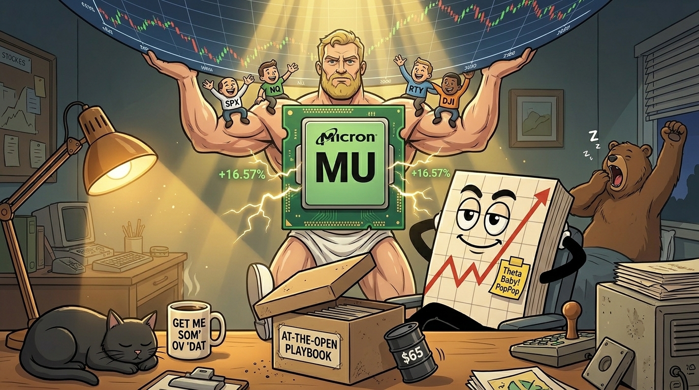 Mr SPX at his desk while a heroic Atlas figure with a Micron Technology memory-chip torso holds up the entire stock-market sky behind him, the other indexes hitching a free ride on his shoulders.