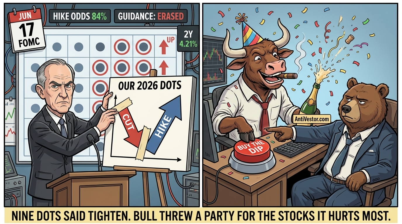 A central banker flips his forecast from a cut to a hike while a cartoon bull celebrates and a cartoon bear points at the dots.