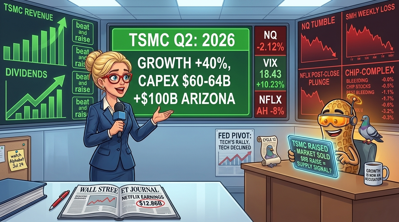 Newsroom morning; Hazel reports beside green TSMC beat panel and red risk-off ticker; Percy amber visor.