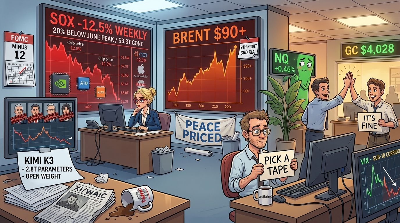 A newsroom-style trading floor at dawn with three ticker walls running chips, oil and a small equity blip; Percy holds a sign reading pick a tape.