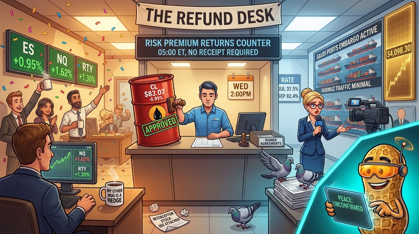 Newsroom refund counter hands back an oil risk premium while a shipping wall shows the blockade still active.