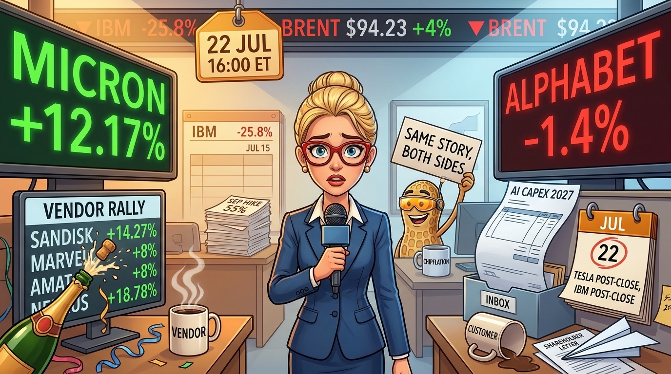 Hazel between a green-lit vendor rally board and a red-lit Alphabet ticker, calendar tag over her head reads July 22 at 16 ET.