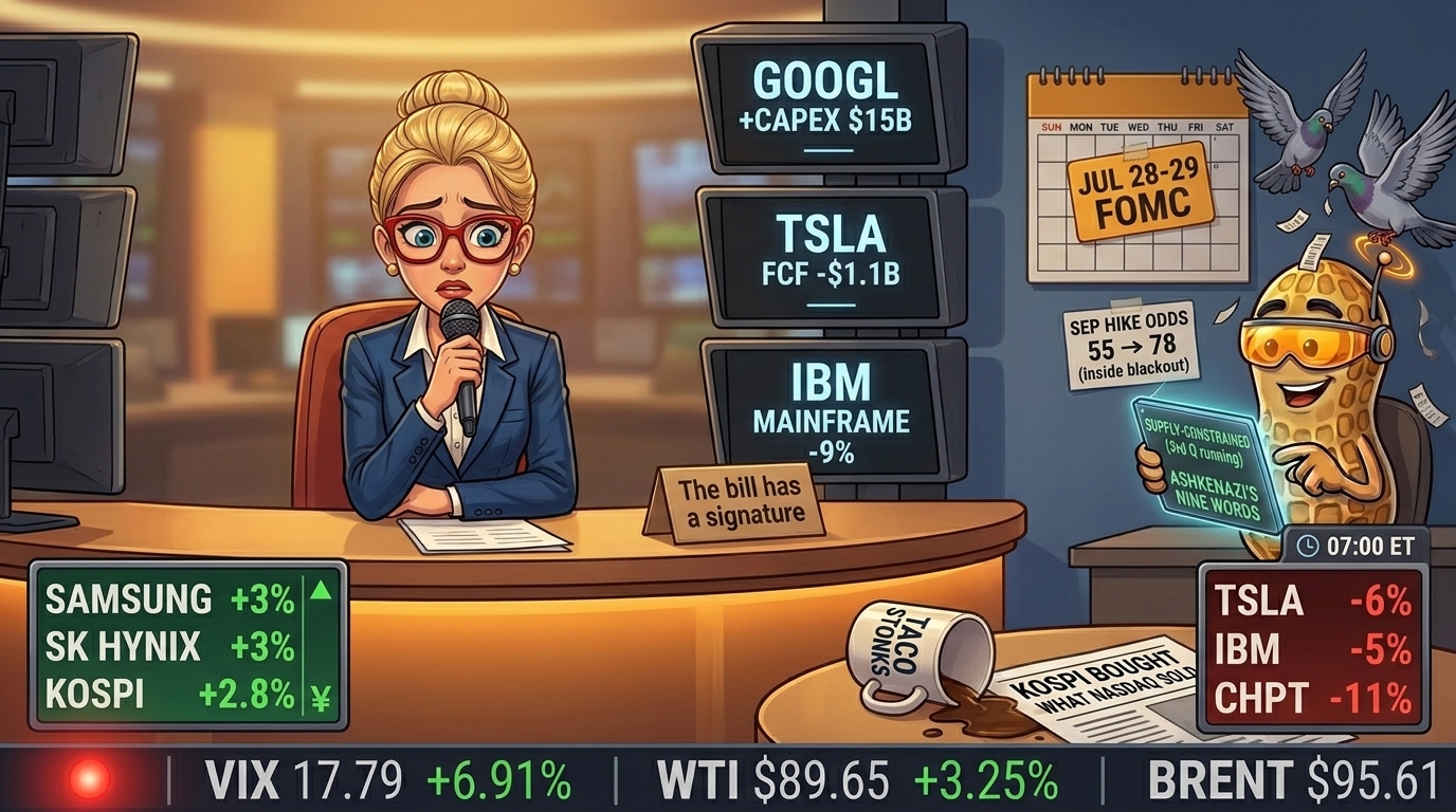 Alphabet raised its 2026 capex guide by fifteen billion dollars, Tesla printed its first negative free cash flow in more than two years, and IBM's software line broke exactly where Krishna said it would in July's letter. Same evening, three signatures.