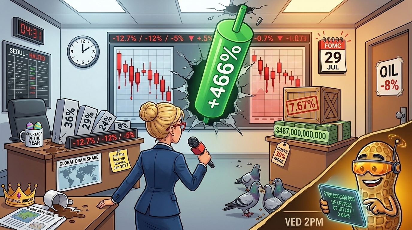Newsroom anchor turns from camera to watch a giant green 466% candle tower over four toppled market-share blocks.
