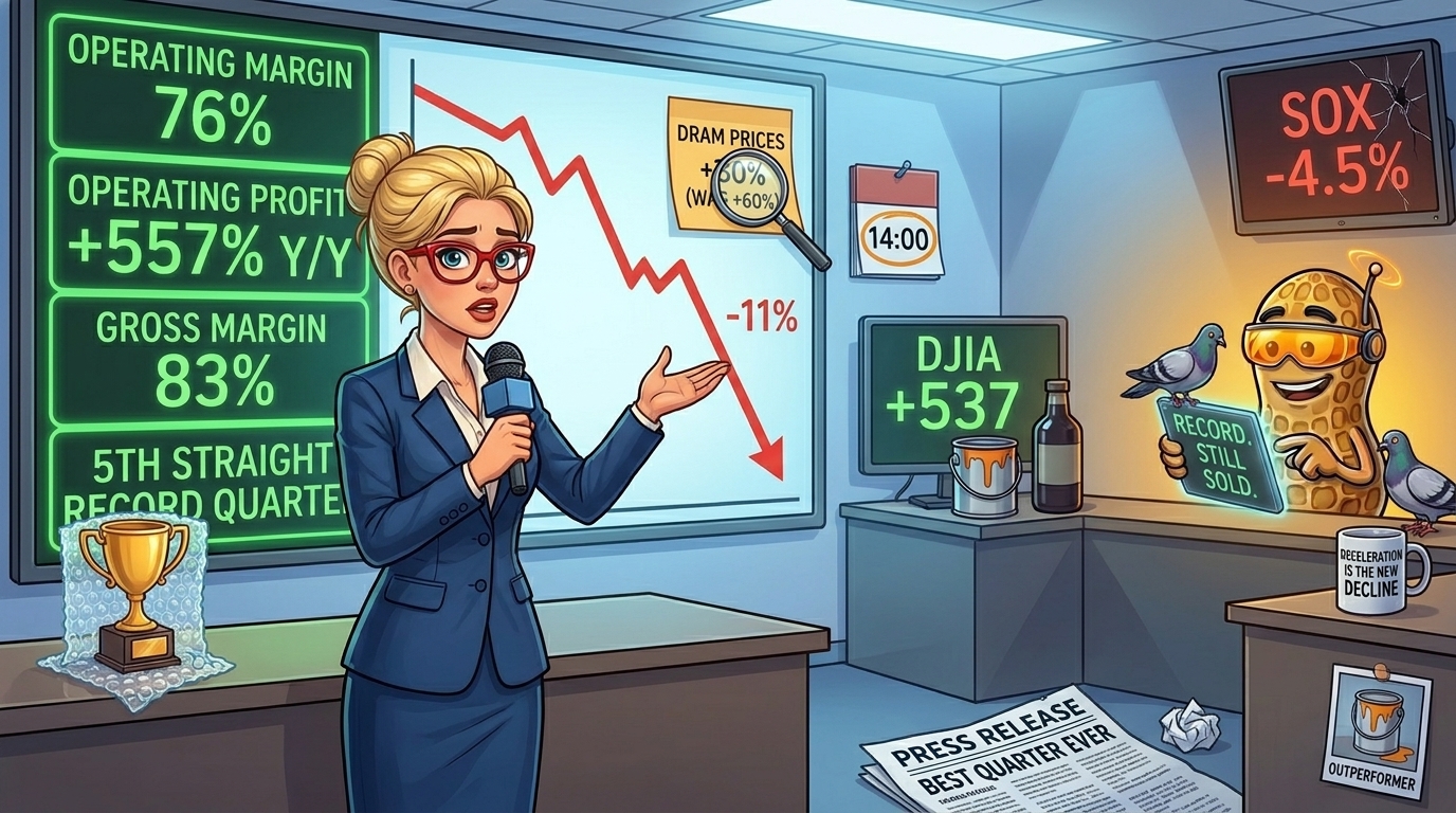 Newsroom anchor presents a wall of record green figures beside a single falling red line.