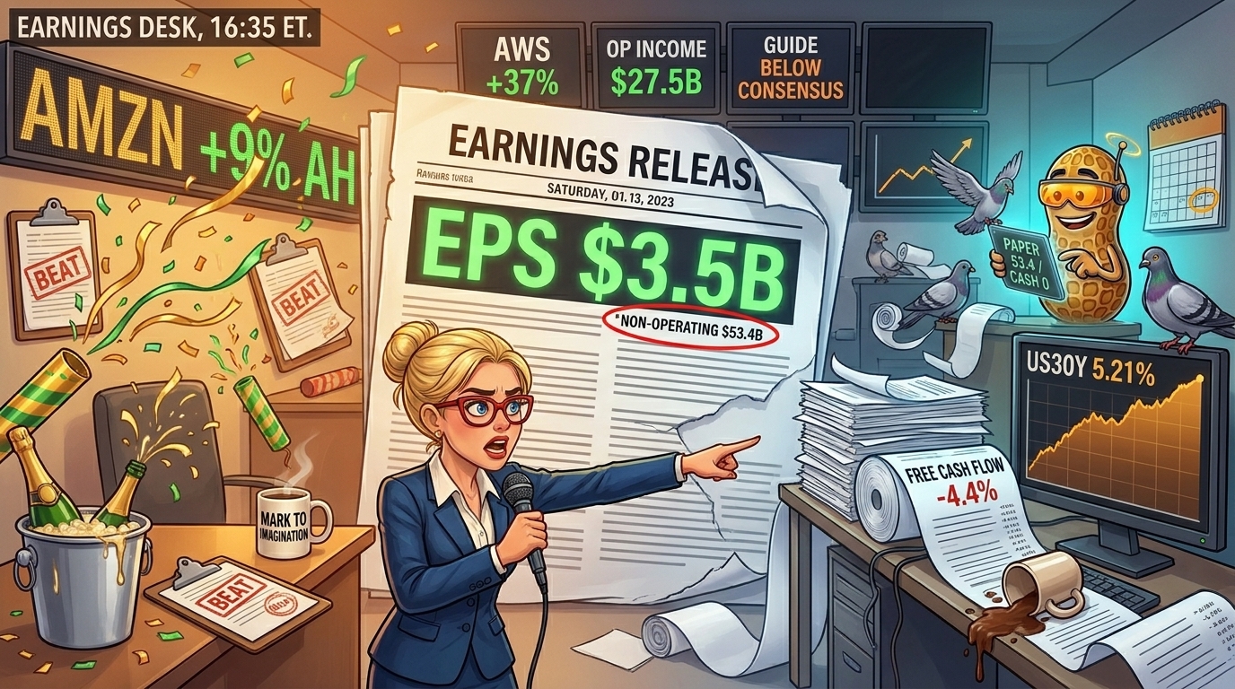 Newsroom reporter points at a free cash flow paper roll whilst confetti celebrates a giant green earnings figure.