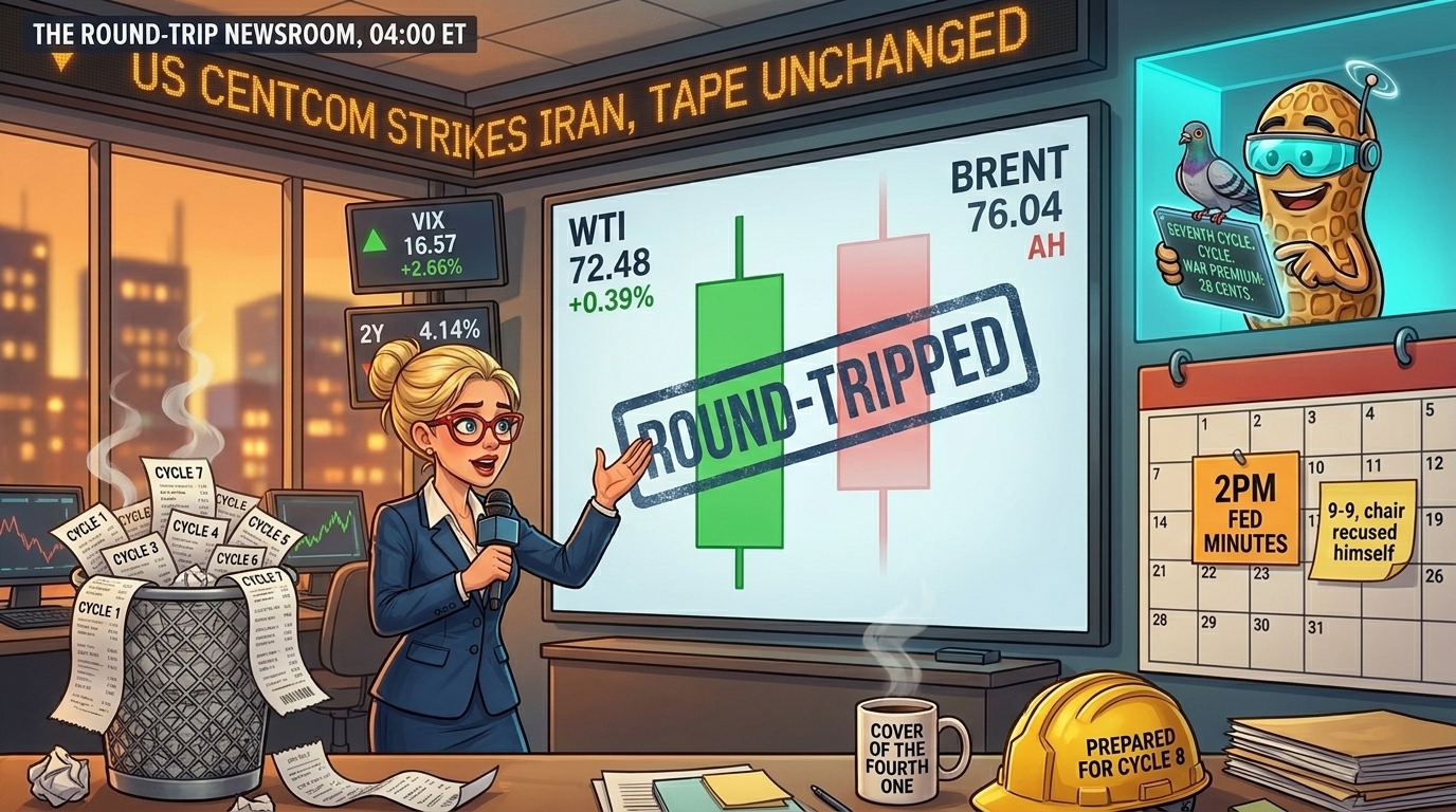 Newsroom at 4am, Hazel presents a green WTI candle beside a fading red Brent candle stamped ROUND-TRIPPED, a bin of Cycle receipts overflows behind her.