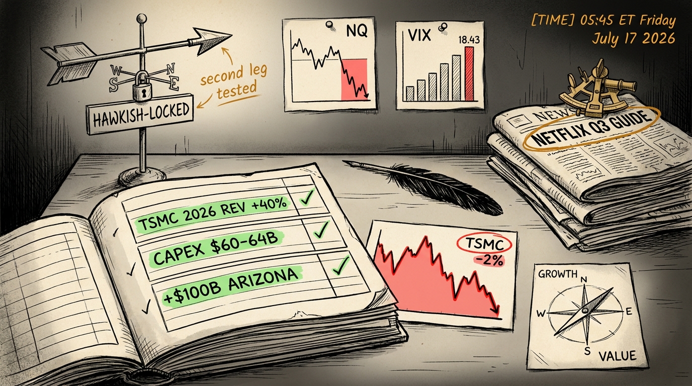 Chart-desk at dawn; ledger of three green TSMC entries beside a red price card; weathervane pointing hawkish with "second leg tested" amber note.