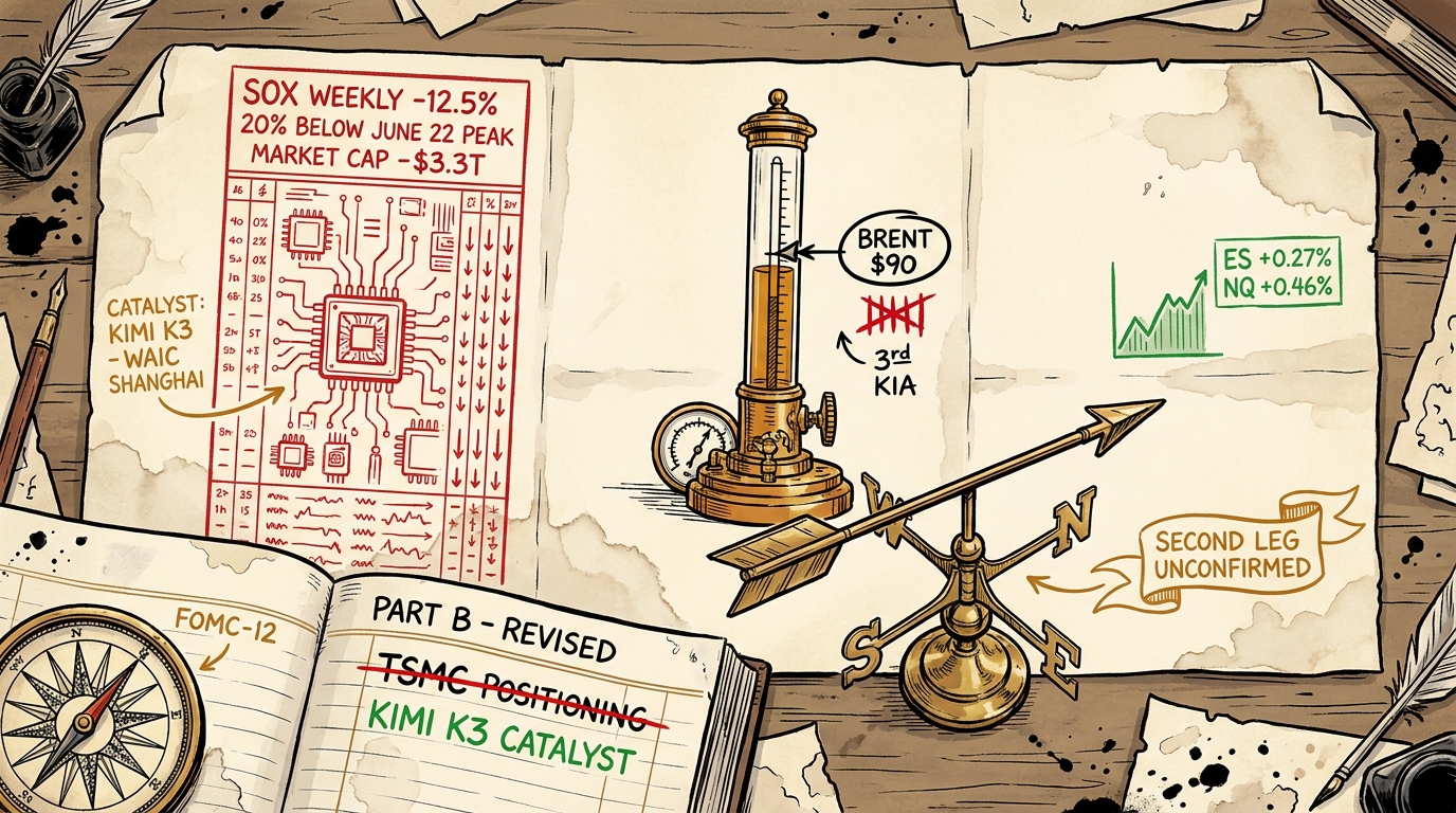 A navigator's chart-desk with three parchment panels showing chip losses, an oil-lamp barometer at ninety, and a small equity blip, with a weathervane holding heading.