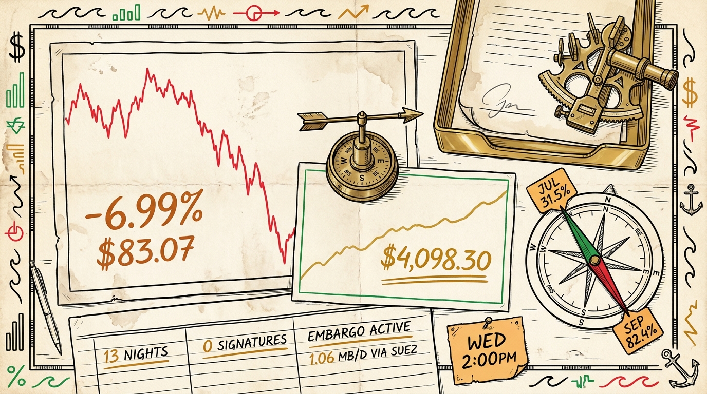 A chart desk showing a plunging crude curve beside a rising gold line, with a compass split between July and September and an unsigned document in the tray.