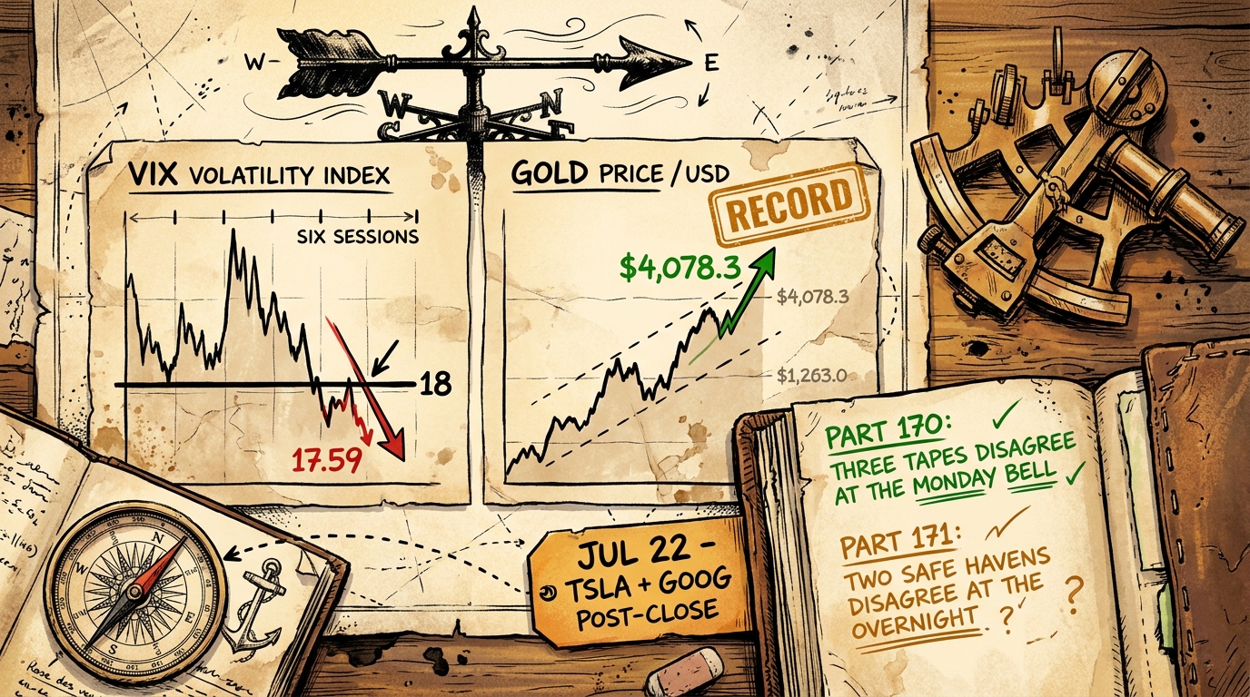 A navigator's chart-desk showing a VIX line snapping below 18 next to a gold chart at a $4,078 record, an amber Jul 22 calendar tag pinned between them, and a ledger noting Part 170's three-tapes disagreement.