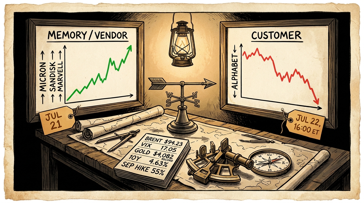 A cream-paper navigator's chart-desk with a green vendor chart on the left and a red customer chart on the right, a still weathervane between them.