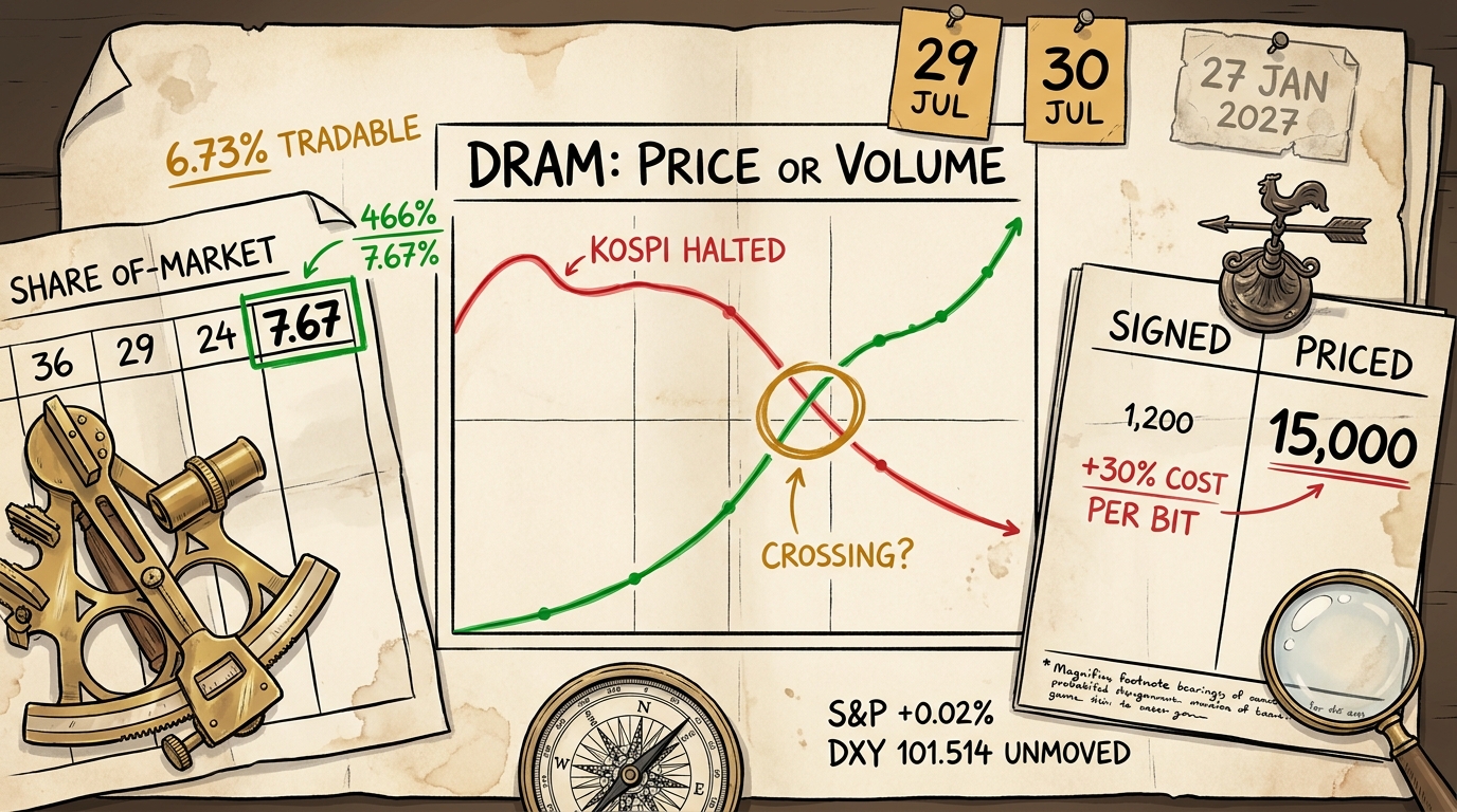 Navigator's chart-desk on cream paper, a DRAM price-versus-volume chart with its crossing point left blank.