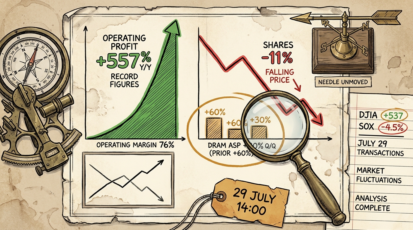 Hand-inked chart desk on cream paper, a rising green record column beside a falling red price line, a magnifier over a small pricing figure.