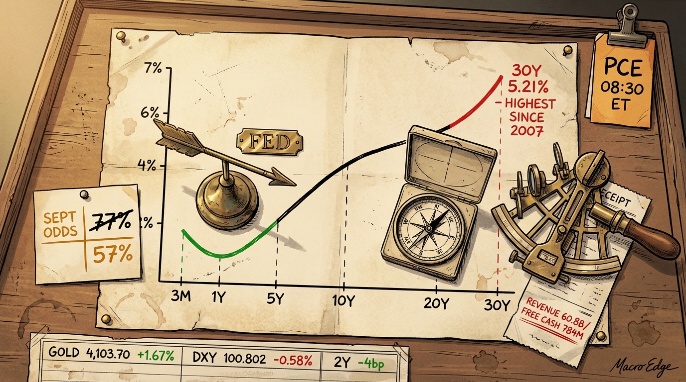 A navigator's chart desk with a hand-inked yield curve rising steeply at its long end while a weathervane points away from a plate marked Fed.
