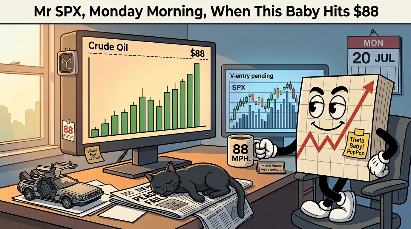 Mr SPX at his trading desk on Monday morning, watching a crude oil bar chart pump toward $88 on the main monitor. An "88 MPH." mug in hand. A second screen shows an SPX bar chart with a compressed range and a "V-entry pending" label. A tiny Delorean model car sits on the desk corner with its gull-wing door open. A flux capacitor sticker sits on the monitor. The black cat is sprawled across a folded "PEACE FAILS" newspaper, entirely uninterested. A wall calendar shows MON 20 JUL.