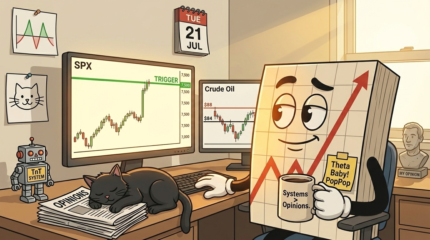 Mr SPX at his trading desk on a Tuesday morning with a slightly bemused look, watching an SPX chart gap higher toward a 7,500 "TRIGGER" line on the main monitor. A "Systems > Opinions." mug in hand. A second screen shows a crude oil chart with $84 and $88 marked. A small robot figurine labelled "TnT SYSTEM" sits proudly on the desk, while a dusty human bust labelled "MY OPINION" is tucked in the corner. The black cat is sprawled across a folded stack of paper labelled "OPINIONS", entirely uninterested. A batman-shaped option P&L profile chart and a pussy-cat-shaped one are pinned to the wall. A calendar shows TUE 21 JUL.