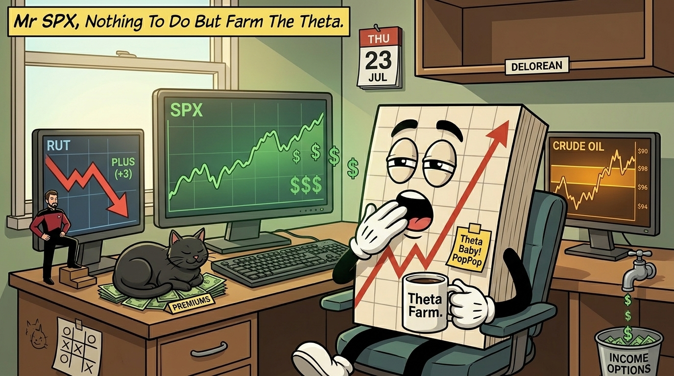 Mr SPX at his trading desk on a Thursday morning, coffee mug in hand, watching the premiums drip in with a relaxed mid-yawn energy. A "Theta Farm." mug. The main monitor shows an SPX chart meandering gently upward with a green "$$$" trickle overlay. A second screen shows a RUT chart with a big red arrow flipping down and a "PLUS (+3)" label. A third screen shows a crude oil chart with a highlighted amber $96-$98 zone ahead of price. A small Commander Riker figurine sits on the desk corner, leaning forward with one leg propped up on a step. A tic tac toe board sits in a cat's game nearby. A tiny tap drips green dollar signs into a bucket labelled "INCOME OPTIONS". A shelf slot labelled "DELOREAN" remains empty. The black cat is curled up smugly on a small pile of paper labelled "PREMIUMS". A calendar shows THU 23 JUL.