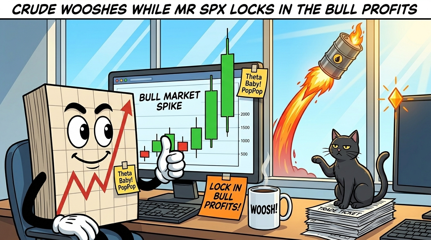 Mr SPX at his trading desk while a comic oil barrel launches a rocket through the office window behind him, an orange "LOCK IN BULL PROFITS" sticky note on the desk, a "WOOSH!" coffee mug beside it, and the indifferent black cat entirely unimpressed by the whole thing.