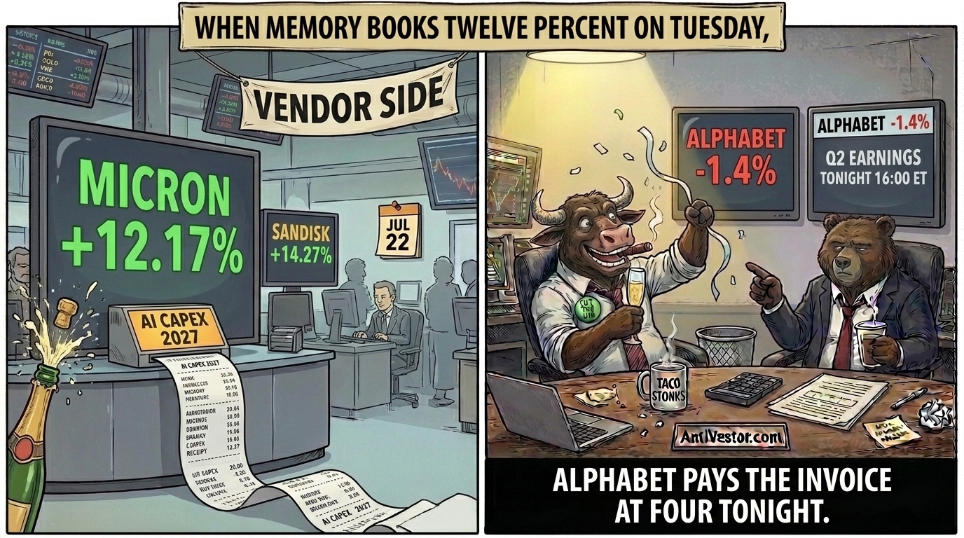 Left panel shows a memory supplier's office celebrating a chip rally; right panel Bull throws confetti while Bear points at Alphabet's red earnings ticker.