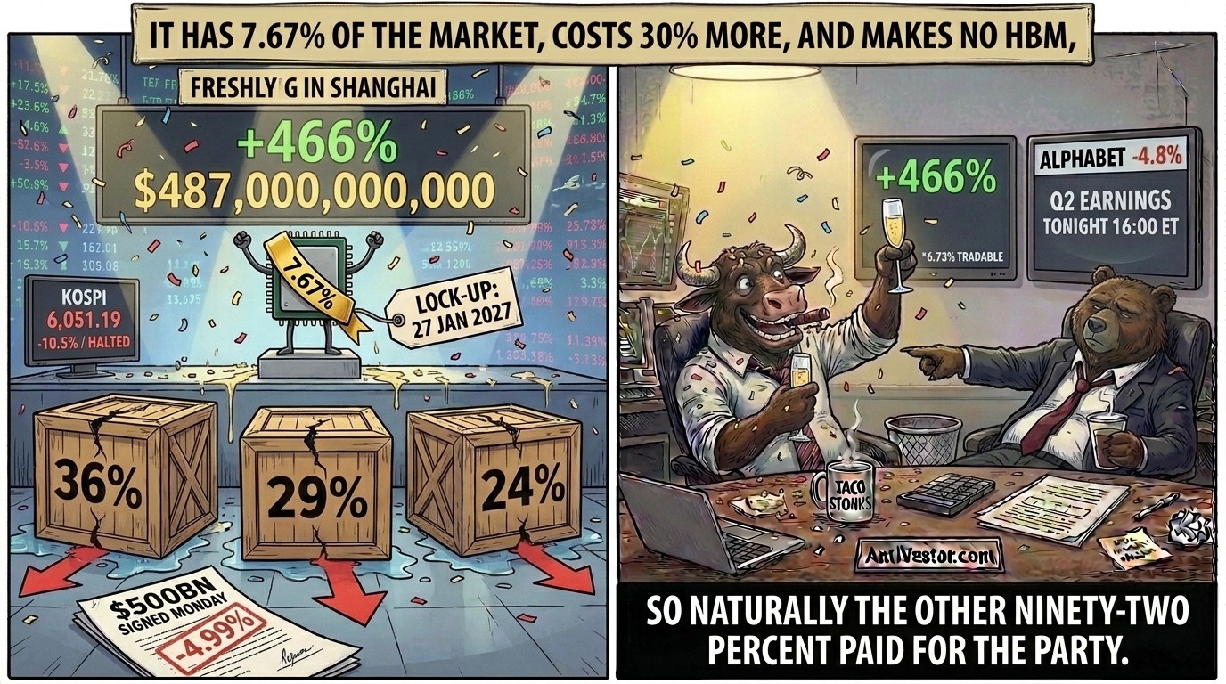 Two-panel comic where a tiny chip celebrates a 466% debut over three flattened rivals whilst Bull cheers and Bear points at the small print.