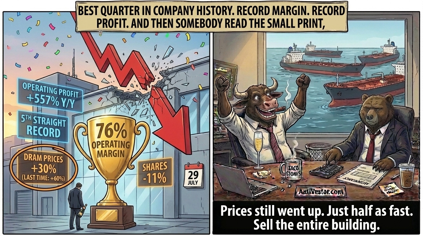 Two-panel comic, a record-breaking chip factory collapsing under a red arrow while Bull cheers and Bear points at the pricing footnote.