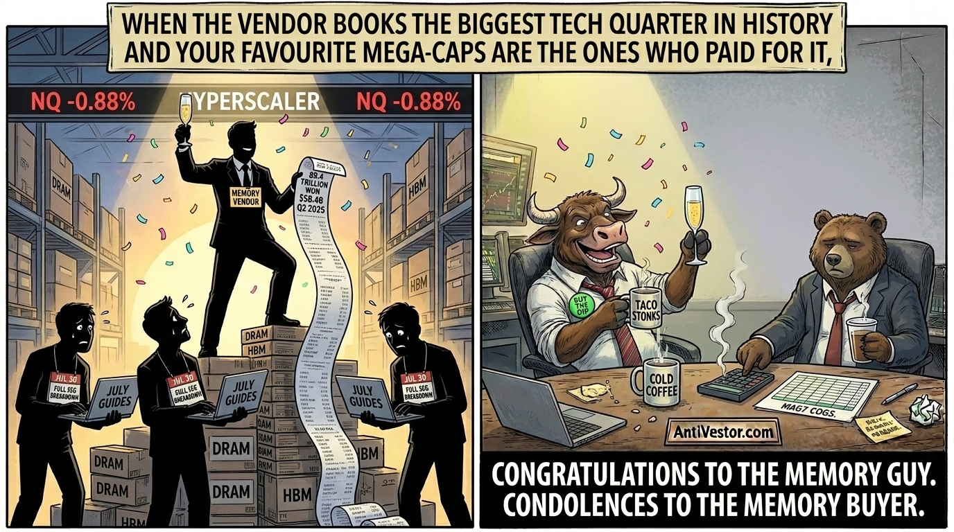 A memory vendor celebrates on a stack of chip boxes while
hyperscalers watch, and Bull throws confetti while Bear points at a
smoking calculator on the desk.