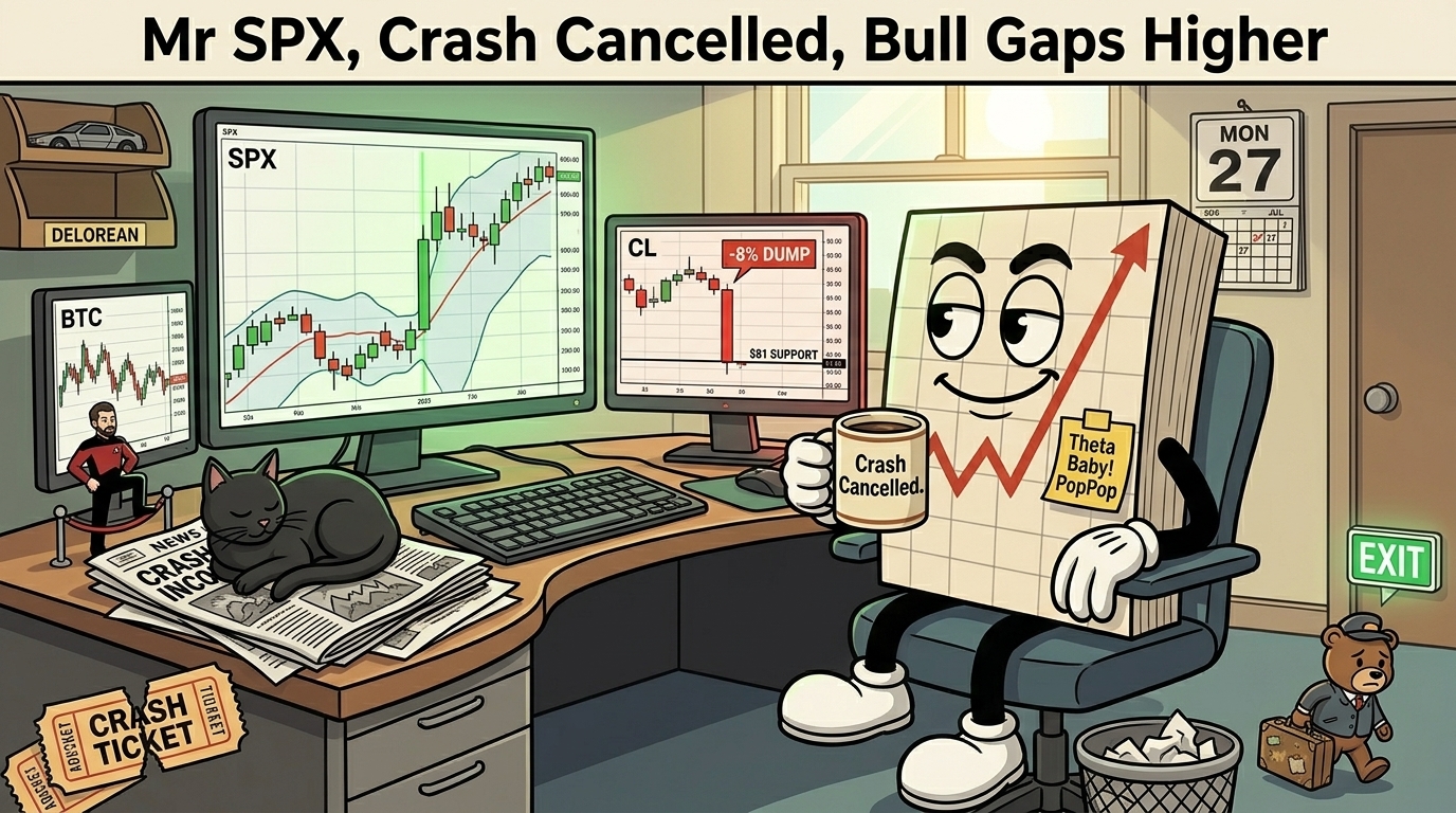 Mr SPX at his trading desk on Monday morning as the bull gaps higher, with a cartoon bear packing up and shuffling toward the exit.