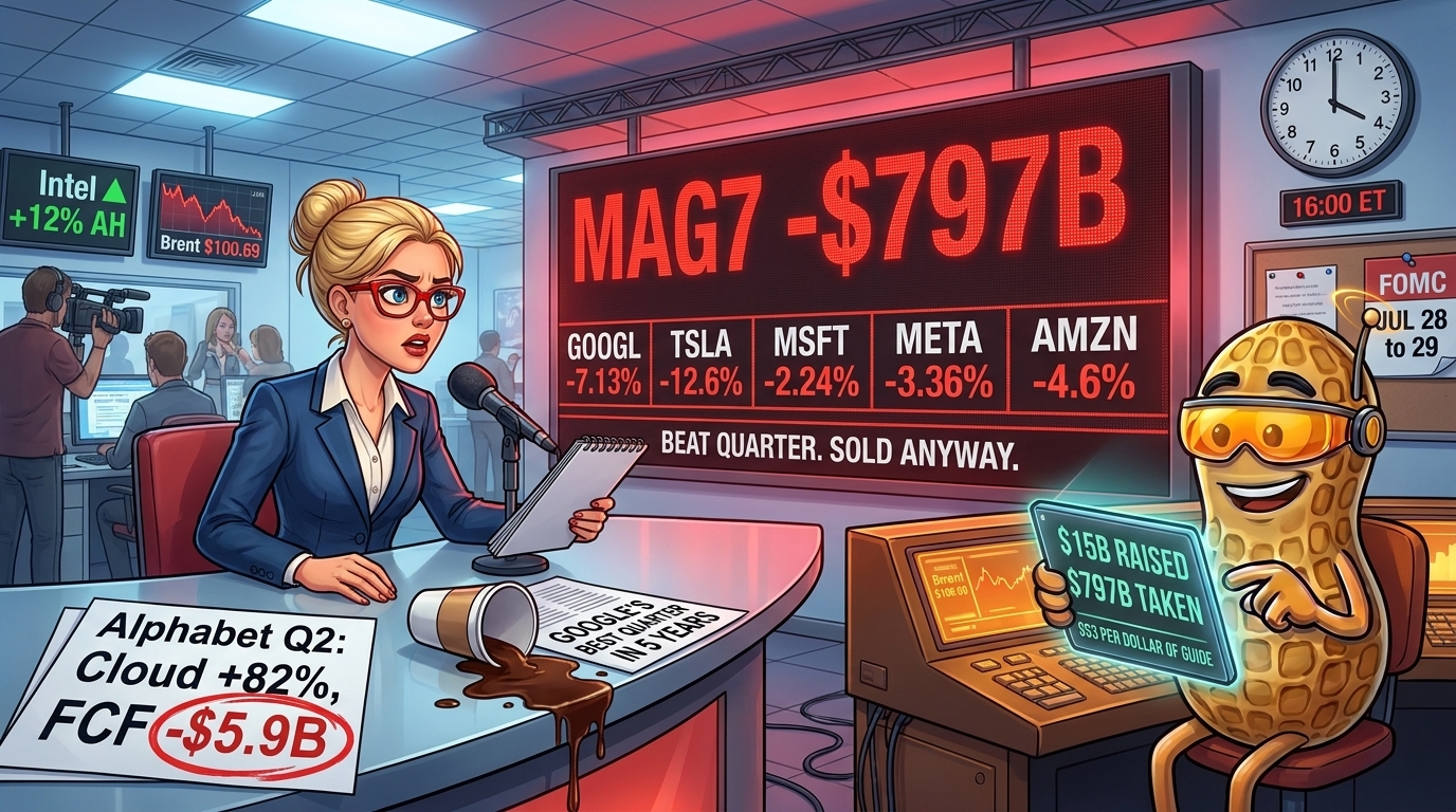 Newsroom anchor delivering a Mag7 loss report while a NutBot analyst holds up a stat showing the $53 exchange rate on capex guidance