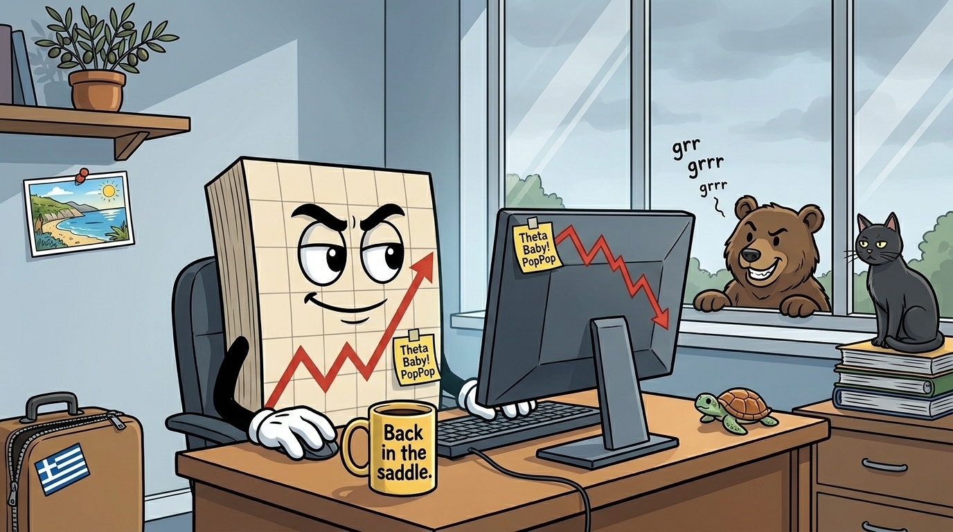 Mr SPX back at his trading desk after a Greek vacation, with a cheeky bear peeking over the office windowsill behind him, a "Back in the saddle." coffee mug on the desk, a Kefalonia postcard pinned to a shelf, olive branches in a pot, and the indifferent black cat unimpressed by the bear at the window.