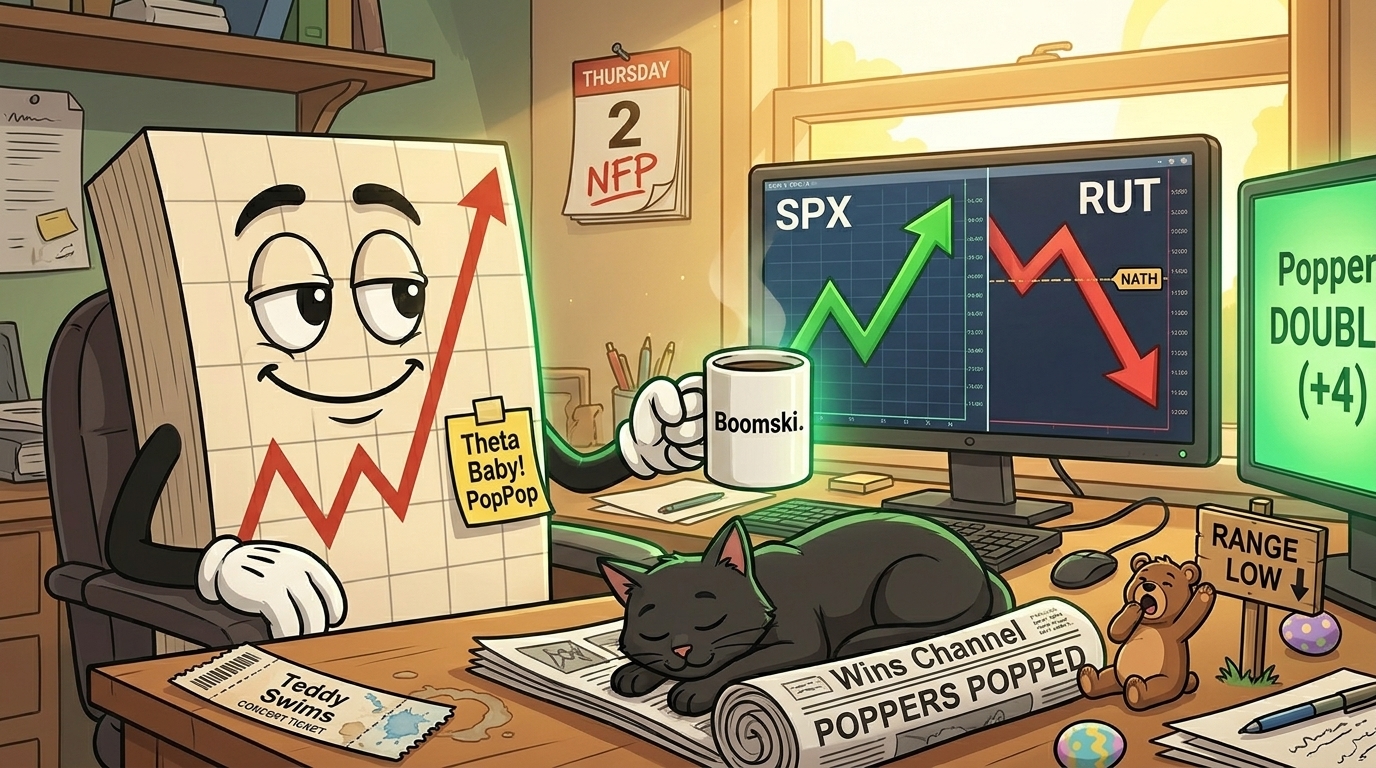 Mr SPX at his trading desk on a Thursday morning, relaxed and grinning with a "Boomski." mug in hand. The main monitor shows a split view: SPX with a bullish upward swing arrow on the left, and RUT with a red bearish arrow turning off the NATH on the right. A second screen shows the Popper DOUBLE (+4) glowing green. A wall calendar shows THURSDAY 2 with "NFP" written in red. A used Teddy Swims concert ticket stub sits on the desk corner with a small water stain. A tiny cartoon bear stretches next to a "RANGE LOW" signpost pointing down. A rolled-up newspaper headline reads "POPPERS POPPED". The black cat is asleep on top of the newspaper.