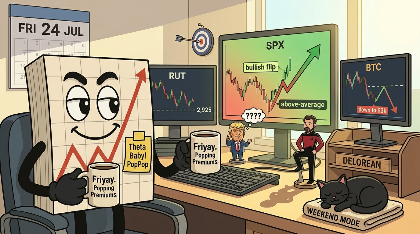 Mr SPX at his trading desk on Friday morning, watching SPX flip bullish, RUT at range lows, and BTC calling the reversal to 63k.