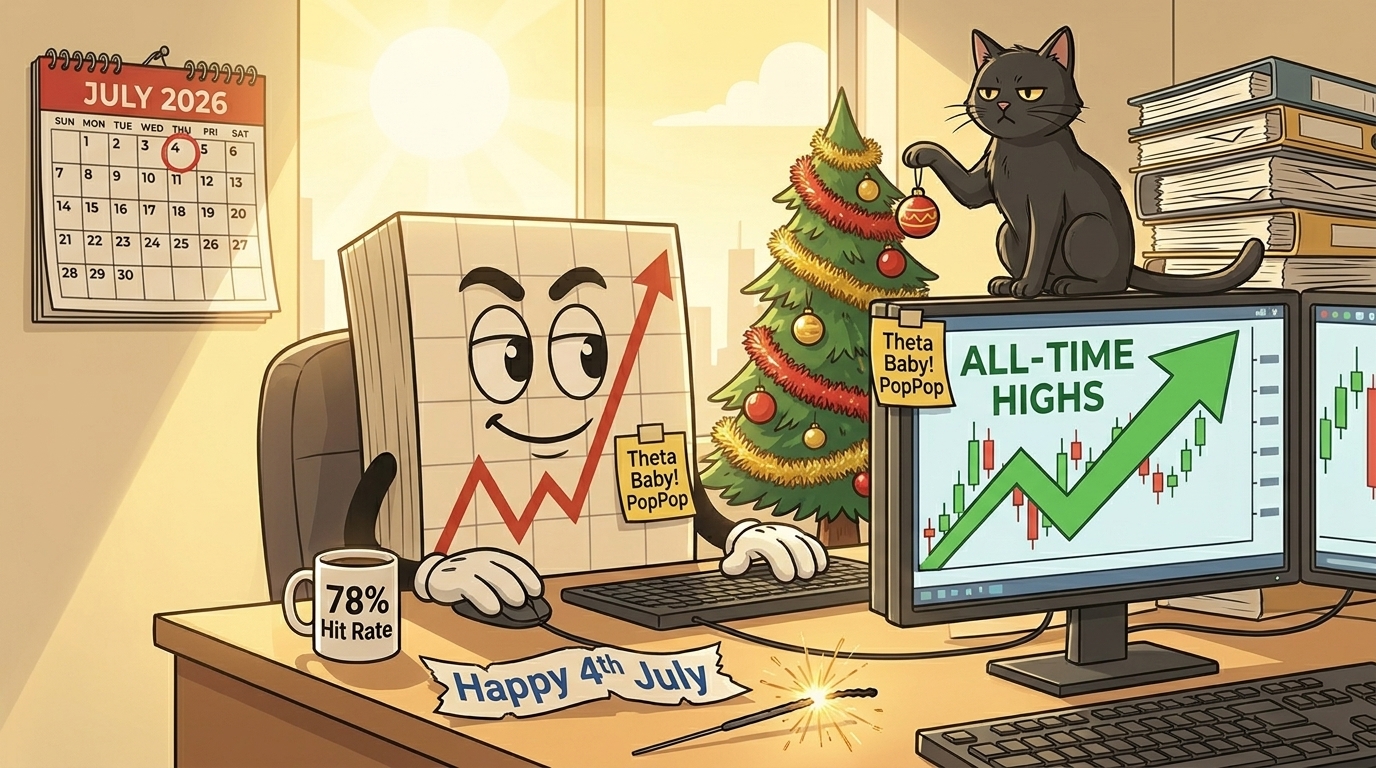 Mr SPX at his trading desk with a small Christmas tree in July, coffee mug reading "78% Hit Rate", indifferent black cat glaring at the tree, and a Theta Baby PopPop post-it on the monitor.