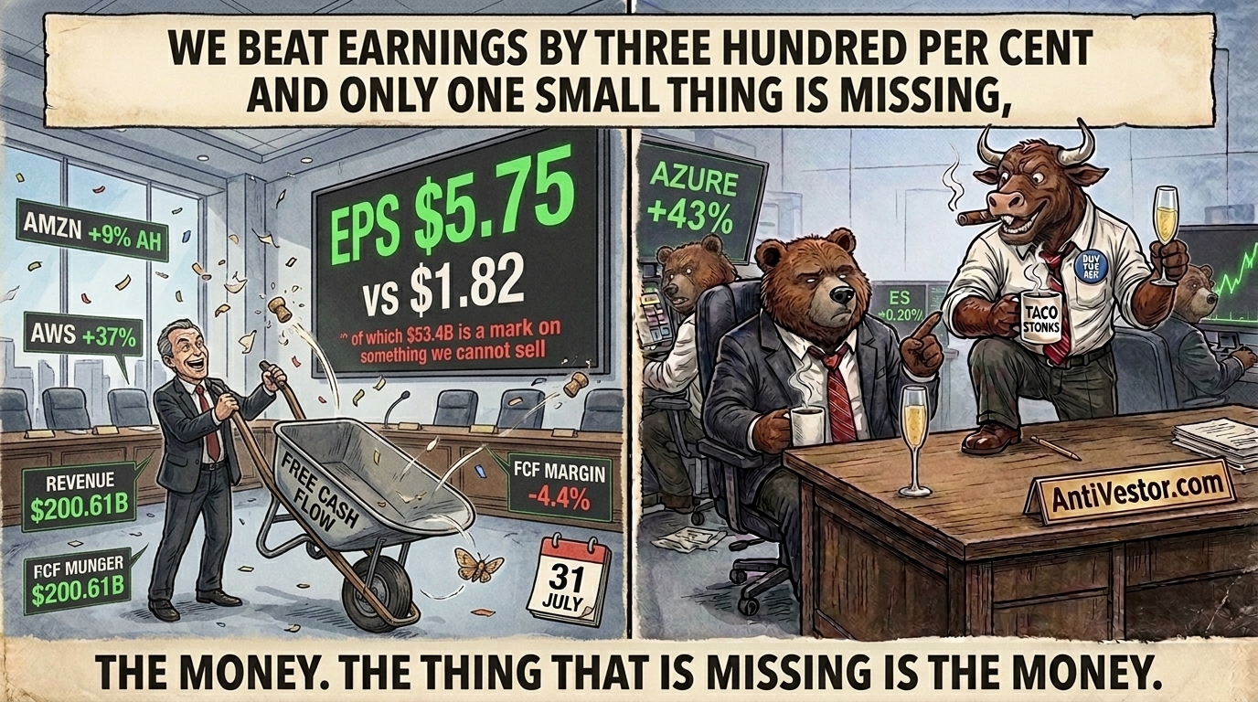 A boardroom celebrates a giant earnings beat beside an empty cash flow wheelbarrow whilst a bull cheers and a bear points at it.