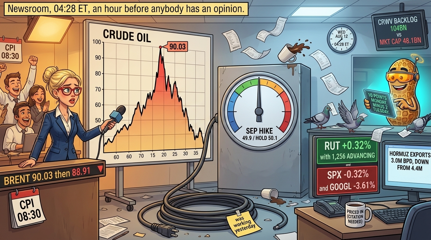 Newsroom scene; an oil chart peaking at 90.03 is connected to a frozen rate dial by an unplugged cable.