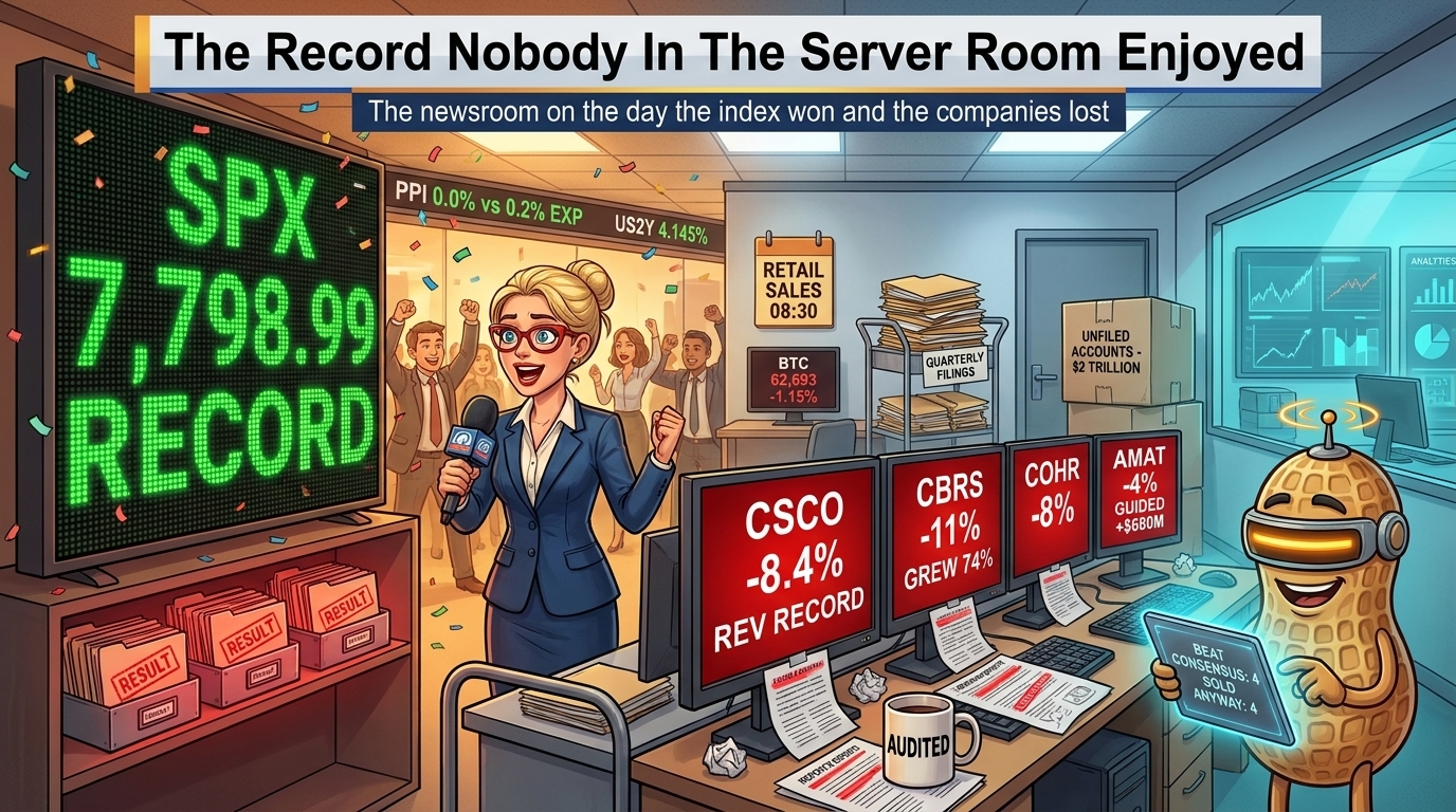 Newsroom celebrates a record index board whilst four red monitors showing sold-off earnings sit ignored behind it.