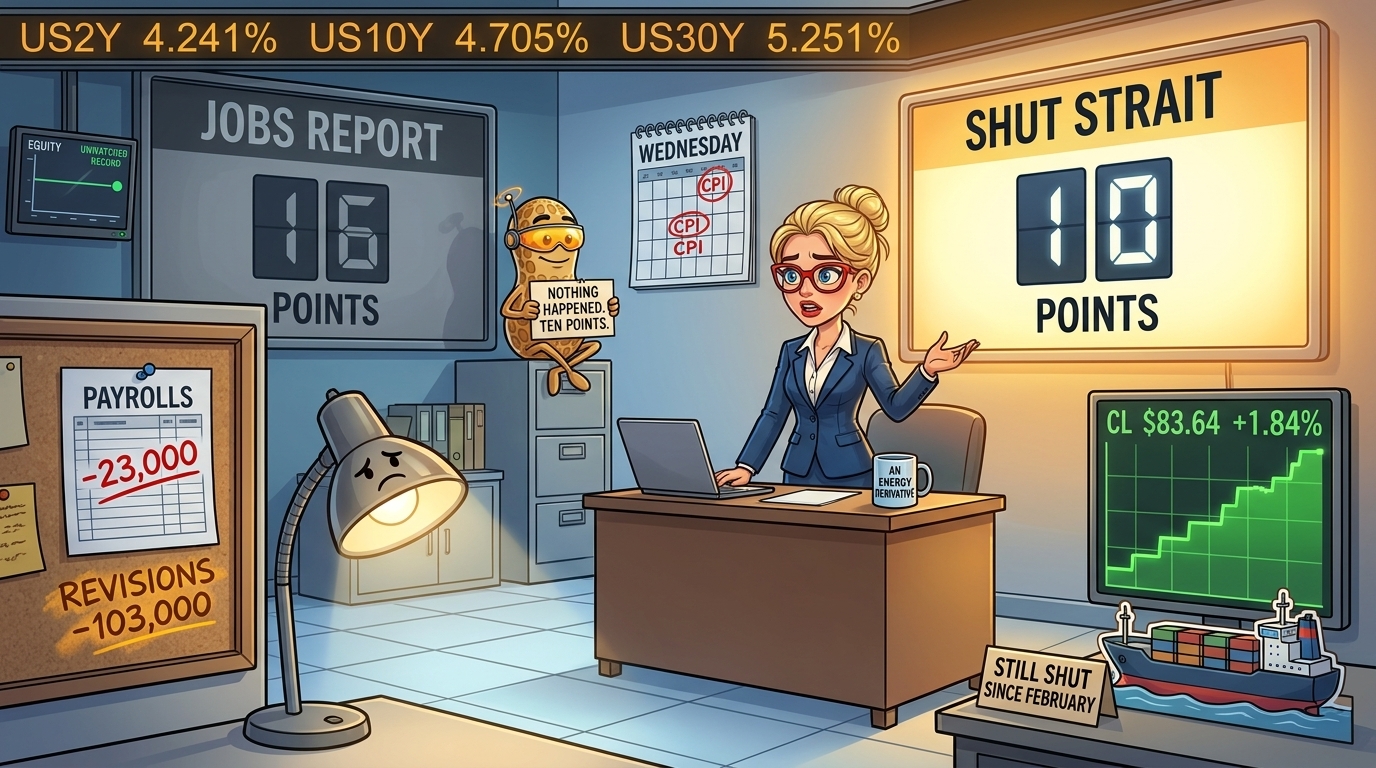Newsroom anchor between two vote boards, the shut-strait board glowing brighter than the dimmed jobs report board.