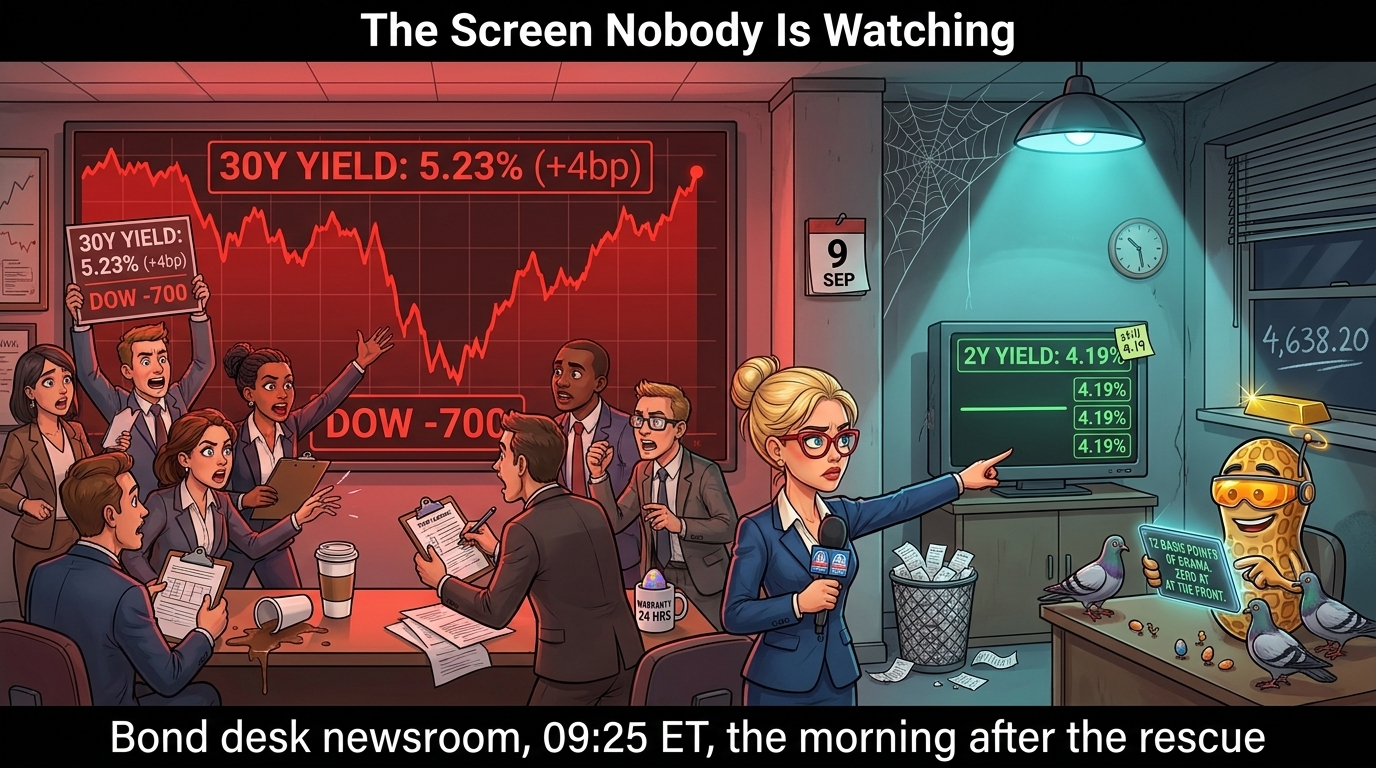 Newsroom crowd watching a red 30-year yield screen while a reporter points at a flat 2-year screen.