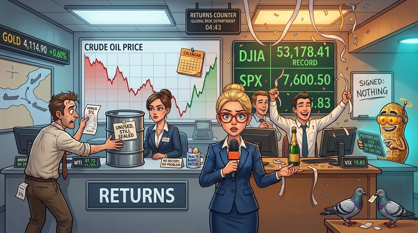 Newsroom scene, oil trader returning a barrel at a refund counter while an equity desk parties on beneath a record board.
