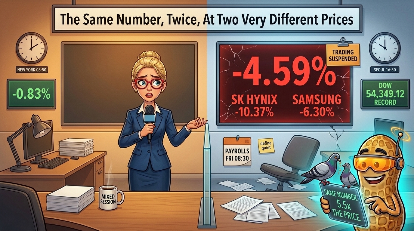 A split trading floor, one half toasting a record while the other half works a suspended overseas market.